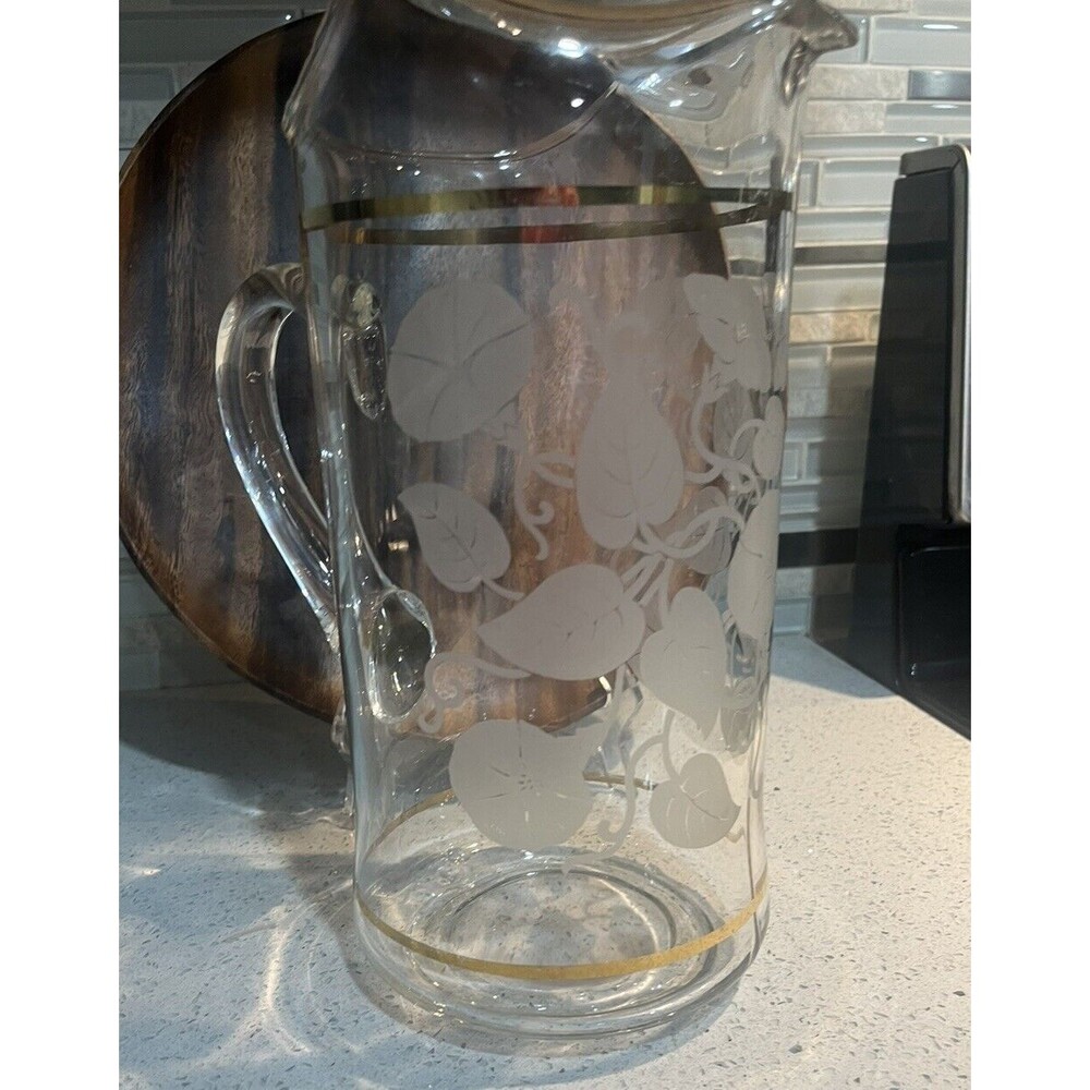 VINTAGE VICTORIAN FLORAL GOLD TRIM PITCHER CRIMPED RUFFLED EDGE 11” TALL